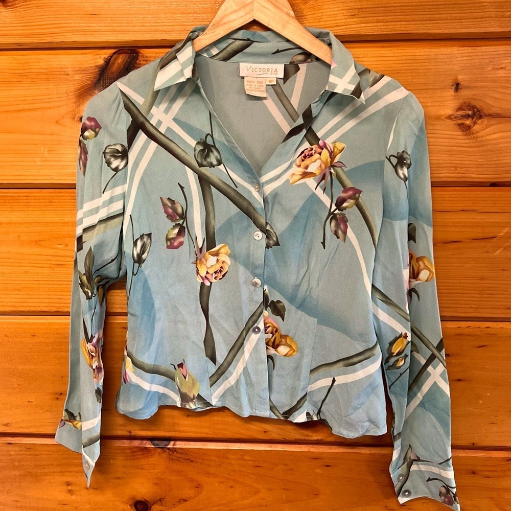 Vintage Silk Victoria Soie Women's Floral Long Sleeve Collared V-Neck Blouse 6P